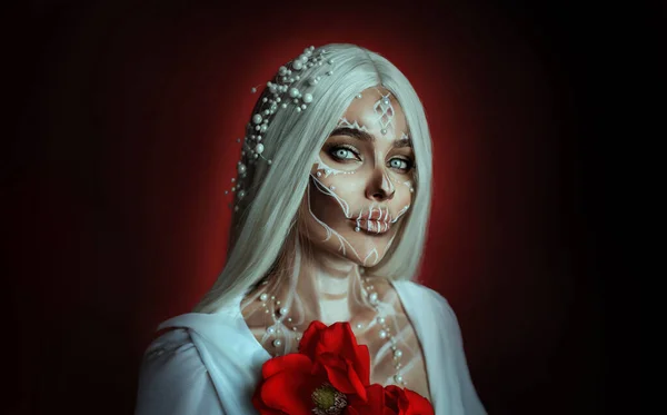 Detailní Portrét Kreativní Halloween Make Cukr Lebka Styl Malované Bílou — Stock fotografie