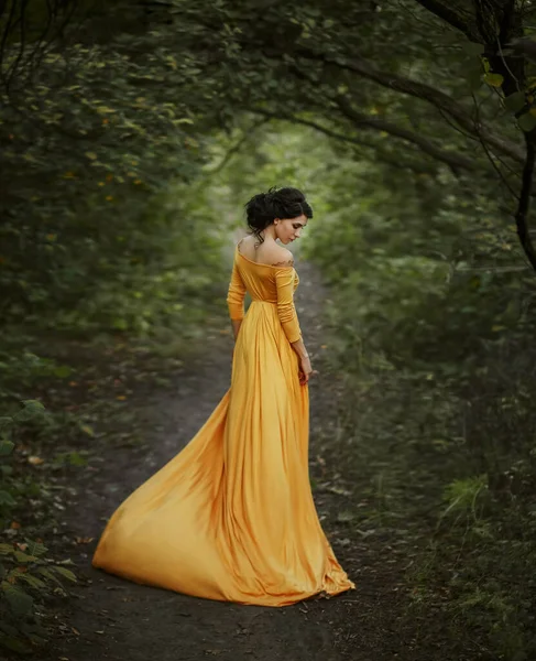 夏の自然緑の森を歩く幻想的な女性 少女ルネッサンス様式の王女 長いヴィンテージ歴史的な黄色のドレスは 風の動きで飛ぶ 収集された髪の高い髪型 アートフォトバックビュー — ストック写真