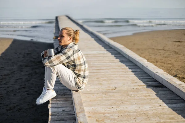 Young Man Shirt Holding Metal Cup Wooden Pier Treviso — Stock Photo, Image