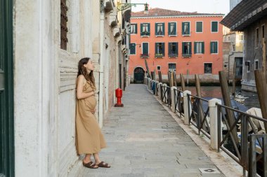Venedik 'te eski bir binanın yanında duran hamile kadının yan görüntüsü. 