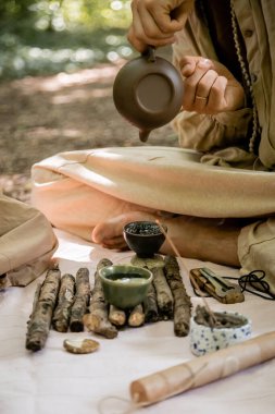 Cropped view of man pouring tea in bowl near vargan on blanket in forest  clipart