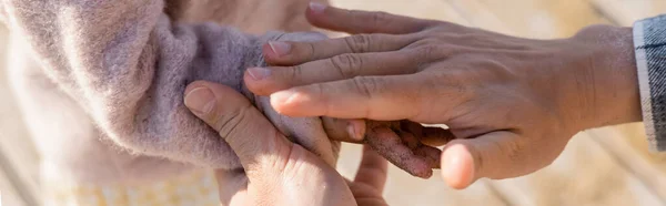 Vista recortada del padre cogido de la mano de la hija en la arena en la playa, bandera - foto de stock