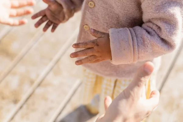 Cropped view of toddler girl with sand on hands standing near dad on beach — Stock Photo