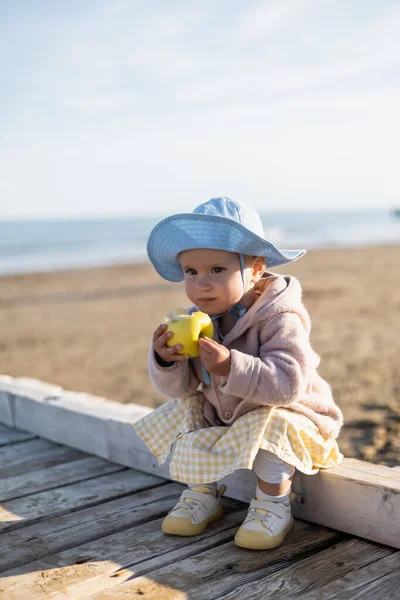 Niño en sombrero de panama sosteniendo manzana fresca en el muelle en la playa en Italia - foto de stock
