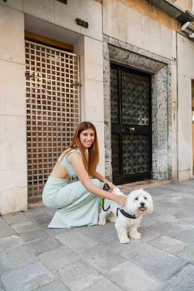 Elegant woman smiling while stroking white dog on street in Venice — Stock Photo
