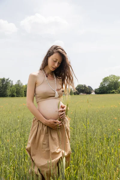 Schwangere hält Stachel in Bauchnähe im Sommerfeld — Stockfoto