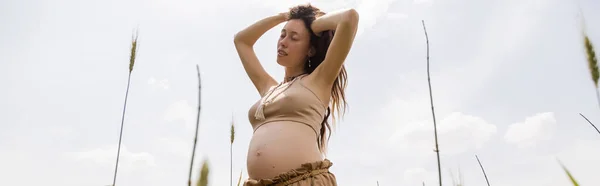 Low angle view of pregnant woman touching hair in field, banner — Stockfoto