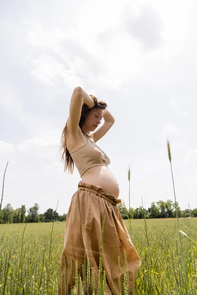 Вид на низький кут зору вагітної жінки, що стоїть на літньому полі — стокове фото