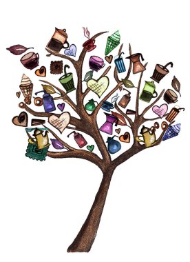 Kafe için kahve ve tatlı toplama ağacı konsepti. Renkli kahve fincanları, çaydanlıklar, ağaçta tatlılar. suluboya illüstrasyon, beyaz arkaplanda izole edilmiş Photoshop ile Poster Kenarlıklarını filtreledi