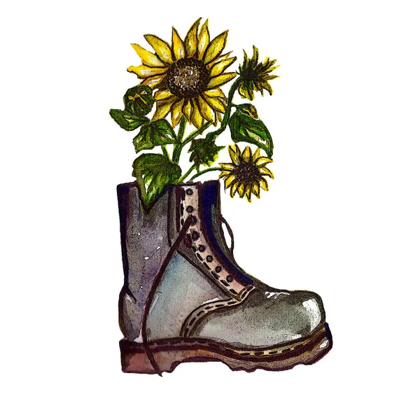 Sunflower in soldier form.Fall sunflowers in military boot.Military uniform with sunflower.Blooming sunflowers.Glory of Ukraine.Support Ukraine.No war in Ukraine.Save Ukraine.Pray for Ukraine peace — Stock Photo, Image