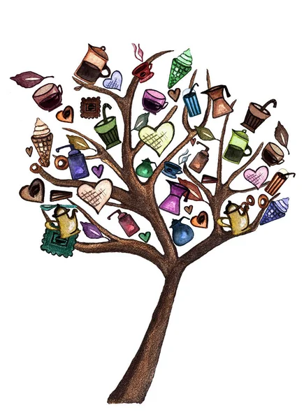 Kafe için kahve ve tatlı toplama ağacı konsepti. Renkli kahve fincanları, çaydanlıklar, ağaçta tatlılar. suluboya illüstrasyon, beyaz arkaplanda izole edilmiş Photoshop ile Poster Kenarlıklarını filtreledi