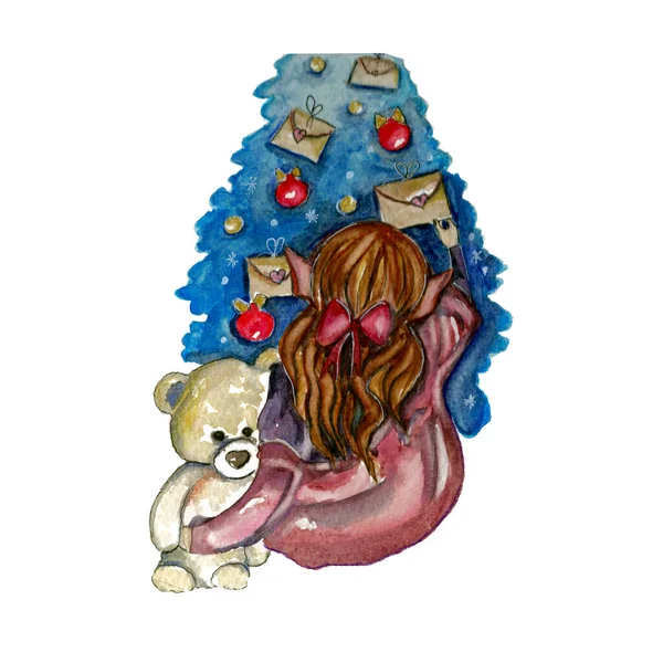 Watercolor Illustration Cute Girl Elf Teddty Bear New Year Tree — Stock Photo, Image