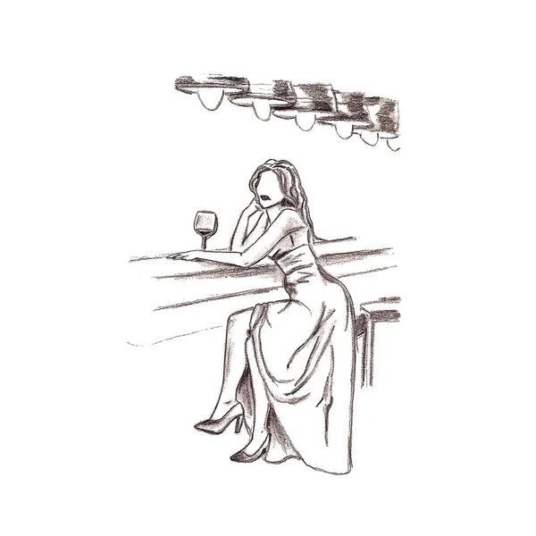 Hand Drawn Pencil Sketch Girl Long Dress Glass Wine Sitting — Stock Photo, Image