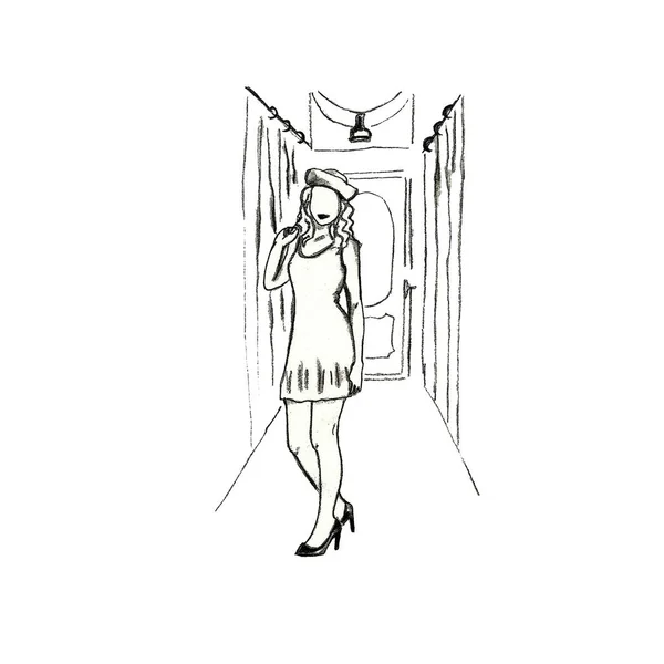 Hand drawn Pencil sketch of a girl in a short dress and hat in the lobby in retro style. Woman without a face mockap for dress design, isolated on a white background ,filtered in Photoshop.