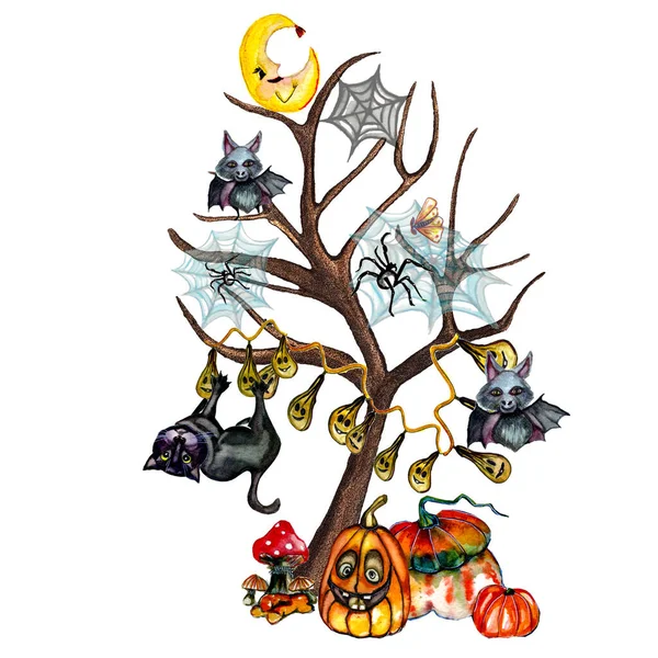 Watercolor Cute Cartoon Halloween Halloween Tree Black Cat Pumkins Mushrooms — Stock Photo, Image