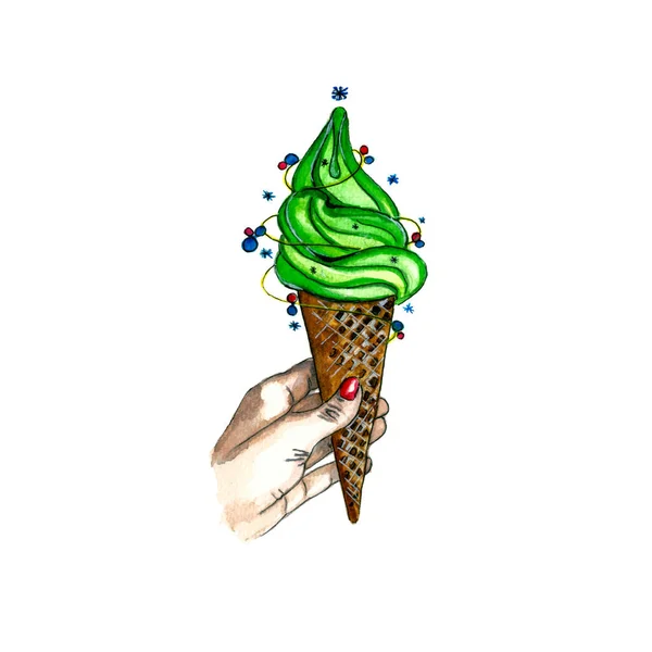 Watercolor Illustration Woman Hand Red Fingernails Holding Green Ice Cream — Stock Photo, Image