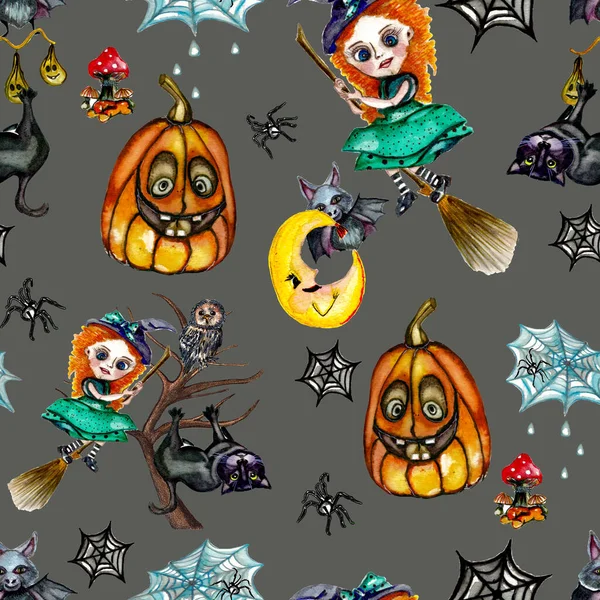 Watercolor Hand Drawn Cute Halloween Seamless Pattern Witch Black Cat — Stockfoto