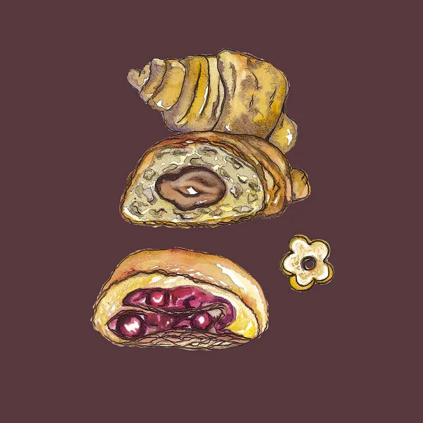 Watercolor hand drawn illustrations two freshly baked croissants, one cut in half with chocolate and slice of cherry pie,isolated on dark background. Fresh pastries,Franch bakery.