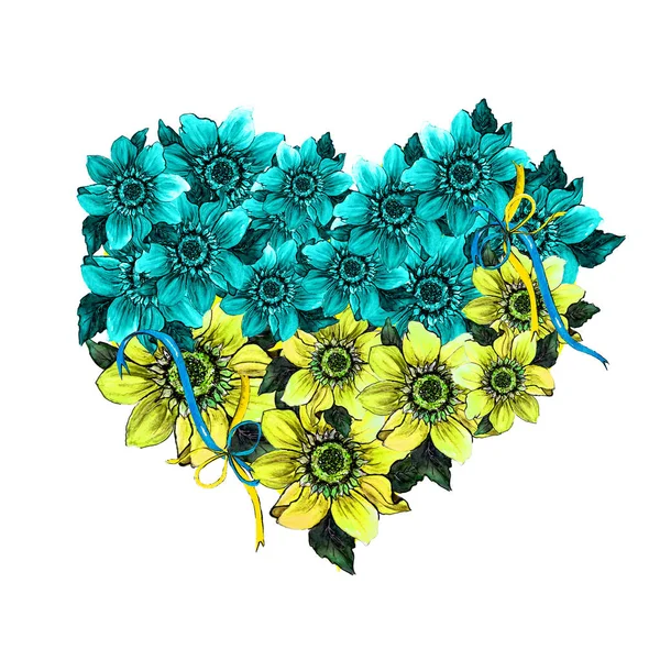Υδατογραφία Εικόνα Καρδιά Από Ανθισμένα Μπλε Και Κίτρινα Λουλούδια Απομονωμένη — Φωτογραφία Αρχείου