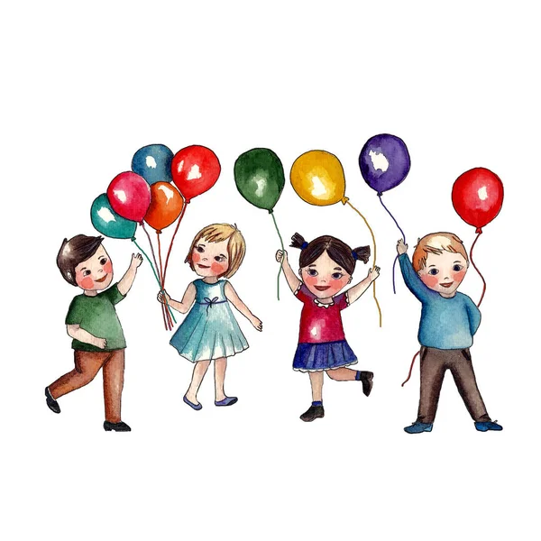 Watercolor Hand Drawn Bright Illustration Children Colorful Balloons Isolated White — Stockfoto
