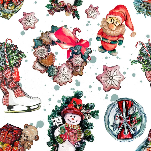 Watercolor Christmas pattern with Chrictmas decorations, Gnomes, Christmas Wreaths in shape of a skate,snowmen and gingerbreads, Christmas basket with teddy bear toy and red present box, Plate