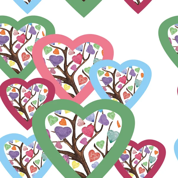 Hand Drawn Watercolor Valentines Seamless Pattern Colored Hearts Trees Valentines — Stock Photo, Image