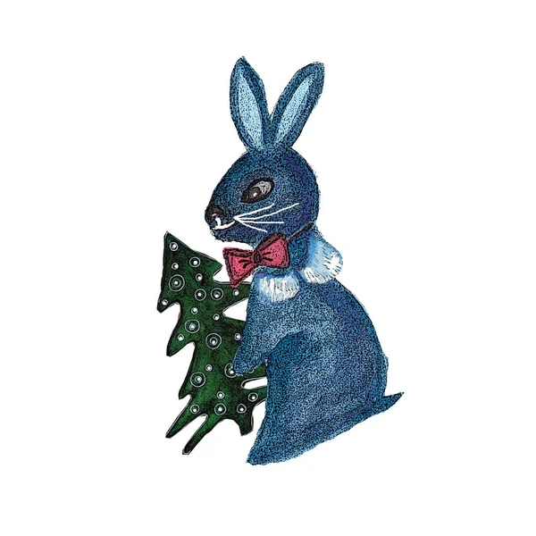 Illustrations Aquarelles Lapin Bleu Mignon Avec Arbre Noël Icône Avec — Photo