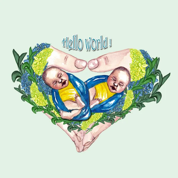 Watercolor illustration of cute baby twins, newborn sleeping in the palms of hands folded in the shape of a heart, cute little characters , Happy smiling newborn boy or girl in frame with palms in the