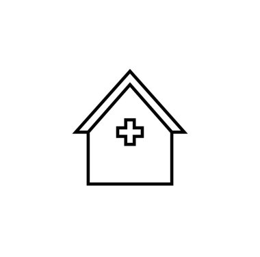 Hastane satırı simgesi, anahat vektör işareti üzerinde beyaz izole doğrusal stil piktogram. Tıbbi bina sembolü, logo illüstrasyon. Düzenlenebilir kontur