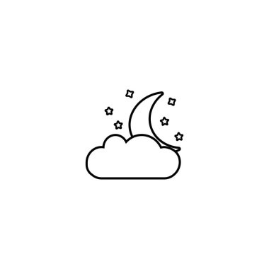 Ay, bulutlar ve yıldızlar simgesi. Uyku rüyaları sembolü. Gece ya da yatak saati işareti. Daire ve kare düğmeler. Düz tasarım seti. Teşekkür ederim kurdele. Vektör