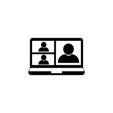Video konferans ikonu. Bilgisayar ekranındaki insanlar. Karantina zamanındaki merkez ofis. Dijital iletişim. İnternet öğretim medyası.