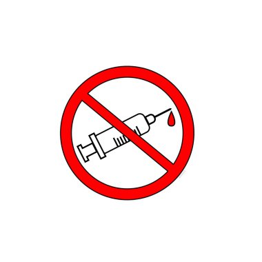 Uyuşturucuya izin yok, kırmızı yok. İzole vektör çizimi. Şırınga izi yok. Siluet sembolünü durdur. Tıbbi ilaç ikonu. Şırınga enjeksiyon ikonu. Eps 10