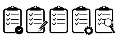 Pano simgesi. Teçhizatlı kontrol listesi, kontrol işaretleri, büyüteç ve kalem. Kalite kontrol çizgisi işareti. Liste düz çizgi simgesini kontrol et. Form simgesi. Teçhizat teknik destek listeli pano