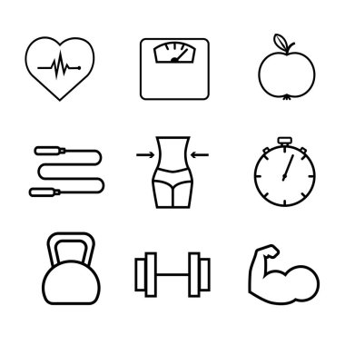 Sağlıklı yaşam tarzı, sağlıklı beslenme, diyet, egzersiz ve dinlenme ile ilgili simgelerin toplanması