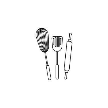 Mutfak aletleri logosu. Mutfak aletleri ikonu. Spatula, Whisk ve Skimmer 'ı geçti. Vektör illüstrasyonu.
