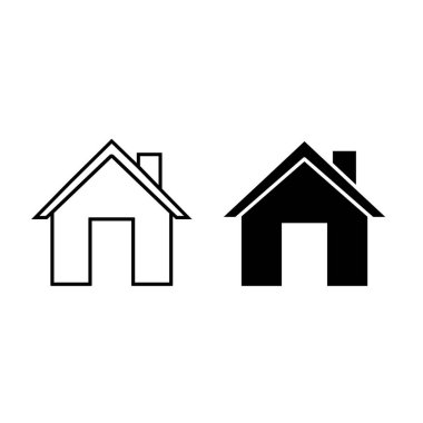 Ev simgesi seti. Ev sembolü. Basit düz şekilli bina logosu. Siyah siluet ve özet versiyonu. Beyaz arka planda izole edilmiş. Vektör resimleme.