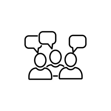 İnce çizgi takım çalışması ikonu, sanal giysi odası ya da sohbet odası gibi. Basit bir anahat trend modern düşünce logotip grafik çizgi vuruşu sanat tasarımı beyaza izole edilmiş. Konuşma baloncuğu olan üç kişi kavramı.