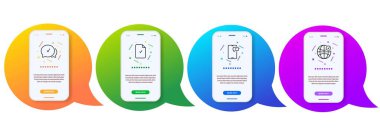 Küresel iş, raporlama istatistikleri ve İnternet alışveriş çizgisi simgeleri belirlendi. Satır simgeli UI telefon uygulaması ekranları. Belge simgesini rapor et. Vektör