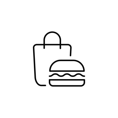 Hamburger and soft drink cup in paper bag icon, Takeaway fast food logo, Outline flat design on white background, Vector illustration