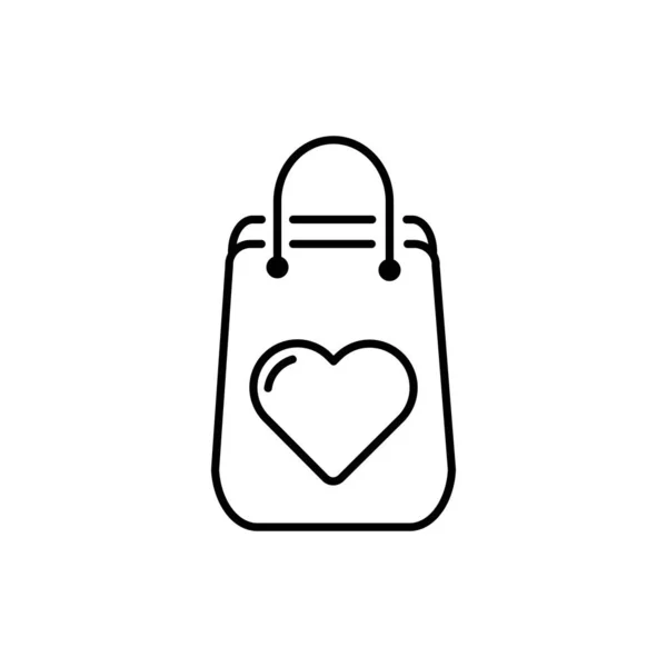 购物袋与心脏细线图标 包和礼物 礼品袋标志 矢量图形 在白色背景的线性图案 — 图库矢量图片