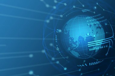 Mavi arkaplanda küresel ağ hattı tel çerçeve pankartını temsil eden Harita Dünyası