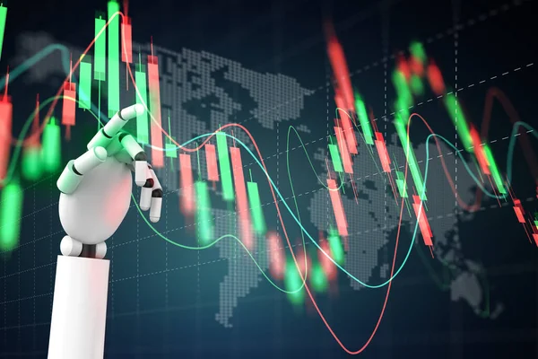 Robot, Yapay Zeka ticareti veya veri ticareti ile ön x grafiği verir ve simge konsepti satın alıp satar. 3d illüstrasyon