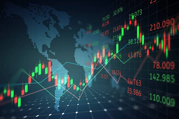 具有地图世界的股票市场或外汇交易图 代表全球网线线框数据业务概念横幅 — 图库照片
