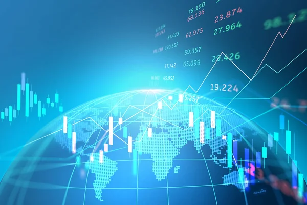 用蓝色背景的股票市场或外汇交易图概念横幅表示全球网络线路线框数据业务的地图世界 — 图库照片