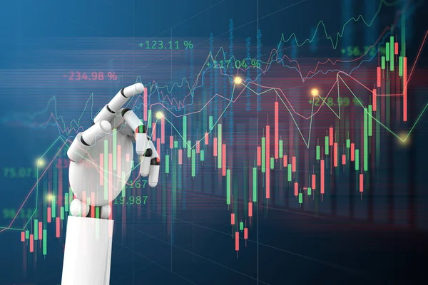 Robot, Yapay Zeka ticareti veya veri ticareti ile ön x grafiği verir ve simge konsepti satın alıp satar. 3d illüstrasyon