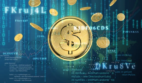 digital golden money coin dollar sign technology worldwide transfer in the future world business with big data and security code on dark background banner 3d illustration.