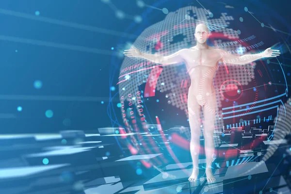 人工知能ロボット男と仮想世界のための未来的な概念青の背景に赤の光を持つデジタルビジネスコンセプトバナー3Dイラスト — ストック写真