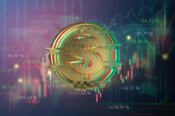 株式市場や外国為替取引グラフ3Dイラストと将来の世界ビジネスでのデジタル黄金のお金コイン技術世界中の転送 サイバーパンク風 — ストック写真