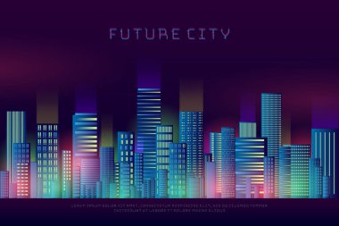 Parlak ve parlak neon ışıkları olan gelecekçi bir gece şehri. Siber punk stili