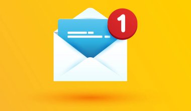 Sarı arkaplanda uyarı numarası uyarı sembolü olan bir zarf simgesi aç. yeni e-posta anımsatıcı 3d vektör illüstrasyonu